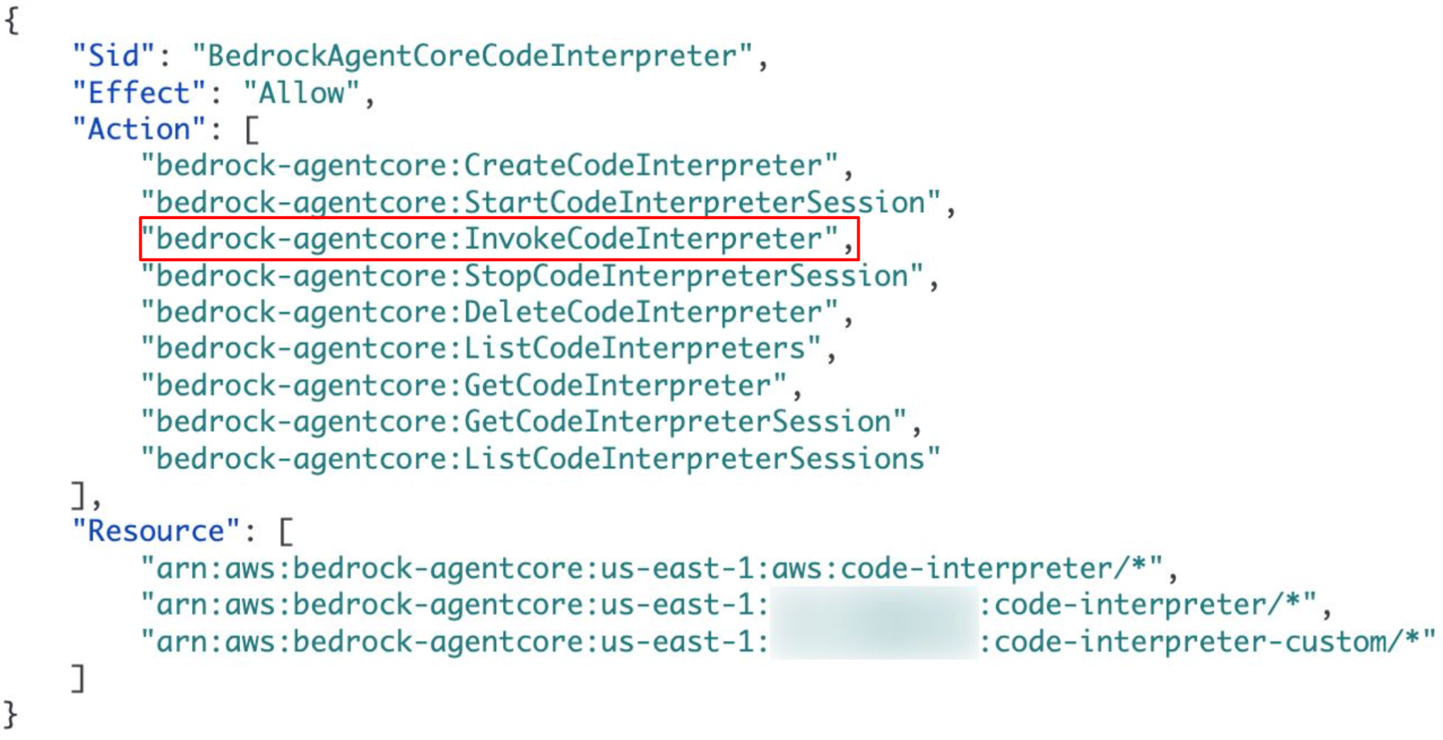 A screenshot of a code snippet showing AWS IAM policy permissions for Bedrock's agent core code interpreter. The policy includes actions like creating, starting, invoking, stopping, and deleting code interpreter sessions. Specific AWS resource ARNs are referenced.