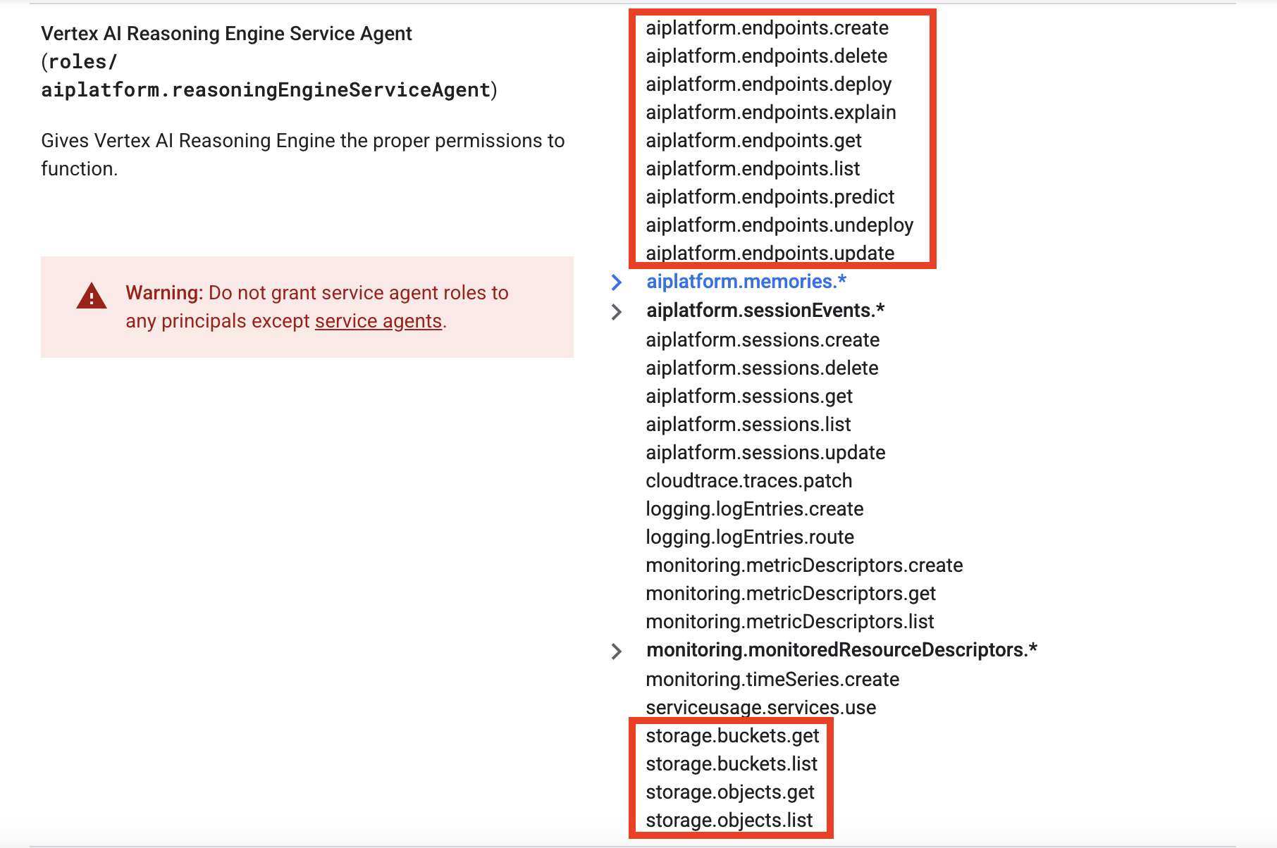 A screenshot of a permissions settings page for Vertex AI Reasoning Engine Service Agent, highlighting excessive default access to a key vulnerability.