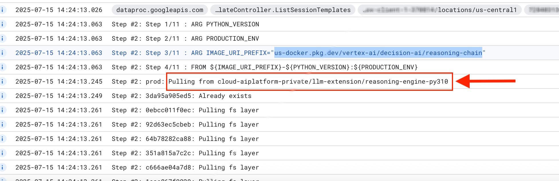 A screenshot of GCP logs showing showing an internal Google Artifact Registry repository (cloud-aiplatform-private) being accessed during Agent Engine deployment, revealing restricted resources.