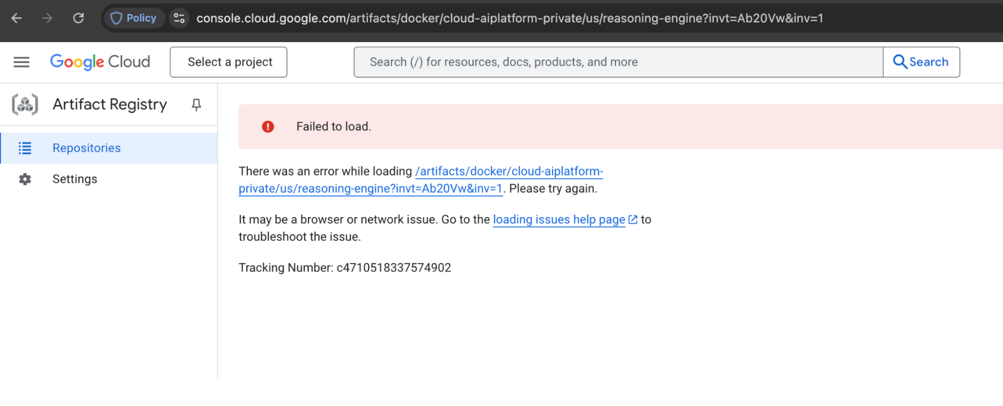 A screenshot of Google Cloud Artifact Registry interface. A warning message states "Failed to load" with further text explaining there was an error while loading a specific URL, suggesting a network issue. There's a tracking number provided and a link to troubleshoot the issue.
