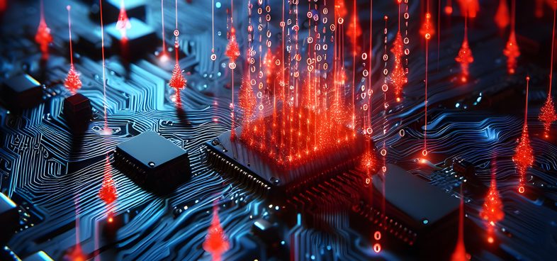 Pictorial representation of AD CS attacks. A close-up of a computer circuit board with a central microchip is depicted. Red digital data streams in the form of glowing binary numbers and arrows appear to flow in and out of the chip. The scene is illuminated with a futuristic blue and red glow.