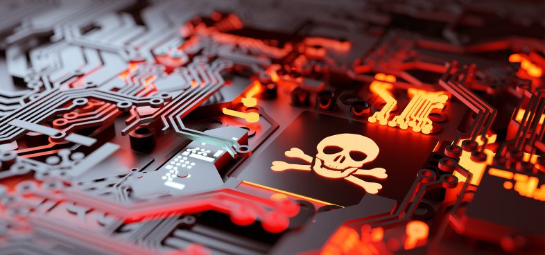 Pictorial representation of a gift card fraud campaign. A glowing skull and crossbones on a circuit board.