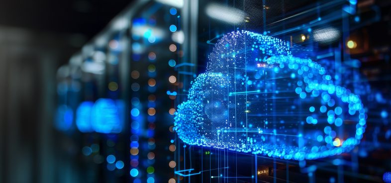 Pictorial representation of cloud discovery with AzureHound. A digital representation of a cloud composed of blue light particles, superimposed over a blurred background of server racks in a data center.