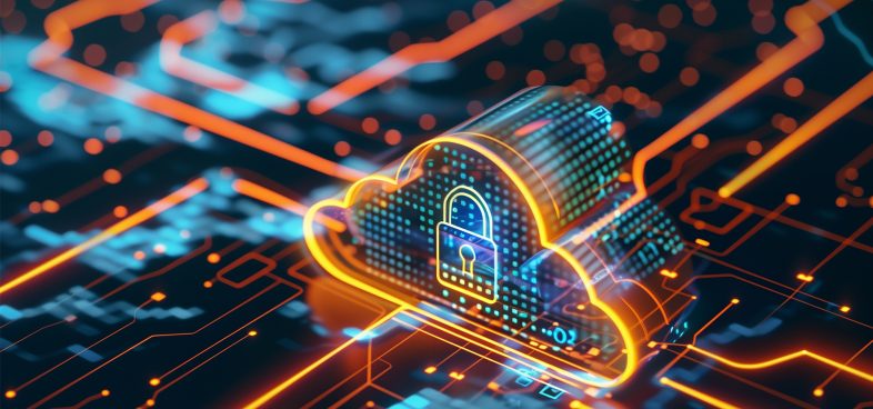 Pictorial representation of model namespace reuse. A vibrant digital illustration featuring a glowing cloud icon with a padlock, symbolizing cloud security technology, set against a backdrop of glowing circuit lines in blue and orange.