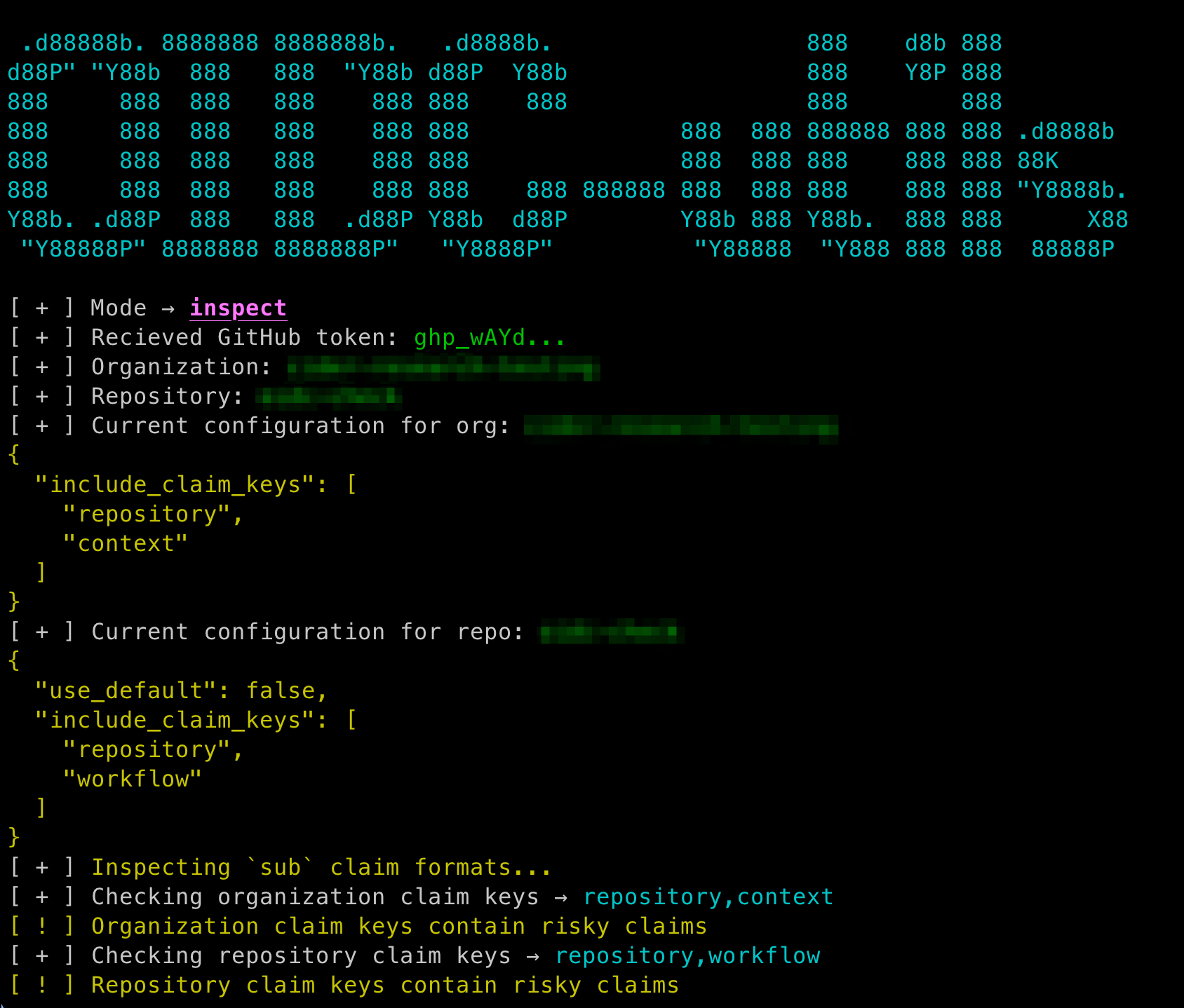 Screen displaying computer code and command line outputs related to GitHub repository settings and token configurations, with text in green on a black background.