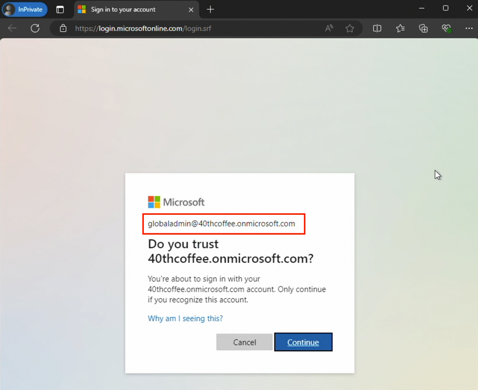 A sign-in prompt as a Global Administrator, initiated with a forged SAML token from AADInternals (click to enlarge).